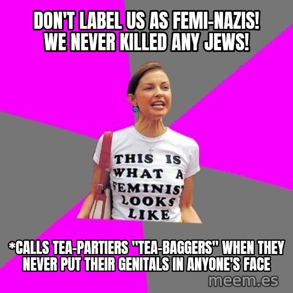 Feminist Cunt meme: Don't label us as Femi-nazis! We never killed any Jews! / *Calls Tea-Partiers "Tea-baggers" when they never put their genitals in anyone's face