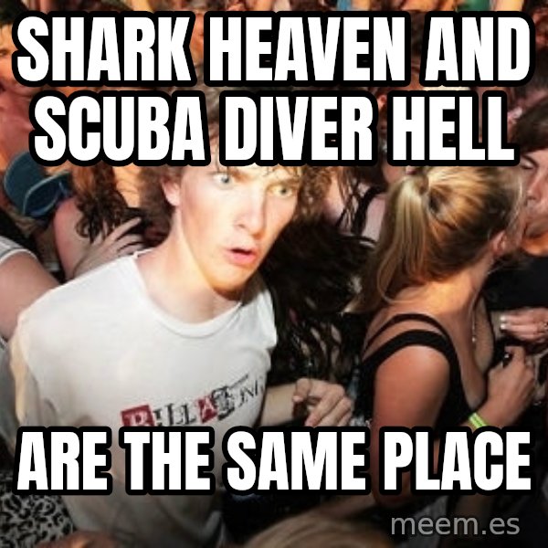 Sudden Realization Ralph meme: Shark heaven and scuba diver hell / are the same place