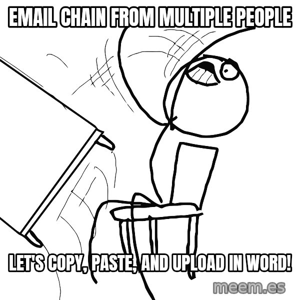 Desk Flip Rage Guy meme: Email chain from multiple people / let's copy, paste, and upload in word!