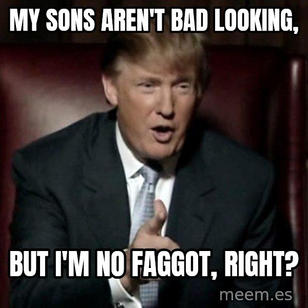 Donald Trump meme: my sons aren't bad looking, / but i'm no faggot, right?