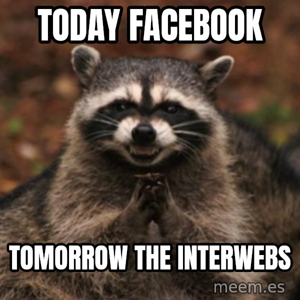 evil raccoon meme: Today facebook / Tomorrow the interwebs
