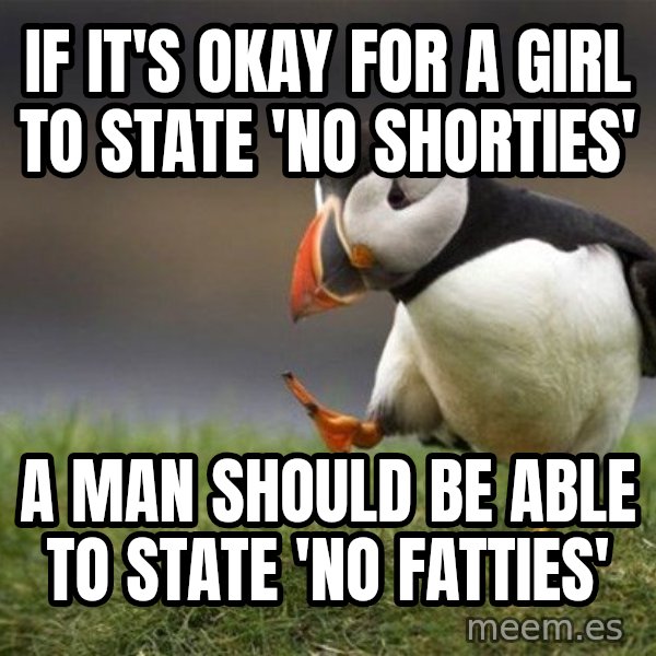 Unpopular Opinion Puffin meme: If it's okay for a girl to state 'no shorties' / A man should be able to state 'no fatties'