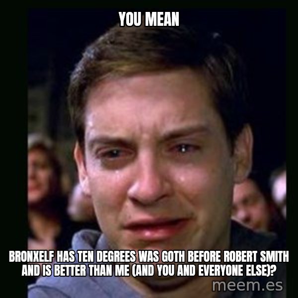 crying peter parker meme: you mean / bronxelf has ten degrees was goth before robert smith and is better than me (and you and everyone else)?