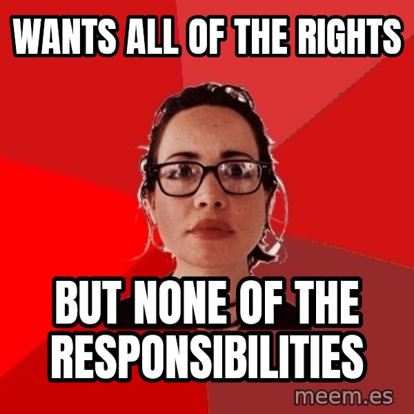 Liberal Douche Garofalo meme: WANTS ALL OF THE RIGHTS / BUT NONE OF THE RESPONSIBILITIES