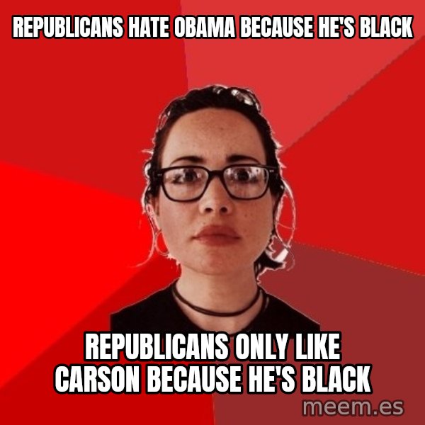 Liberal Douche Garofalo meme: Republicans Hate obama because he's black / Republicans only like carson because he's black