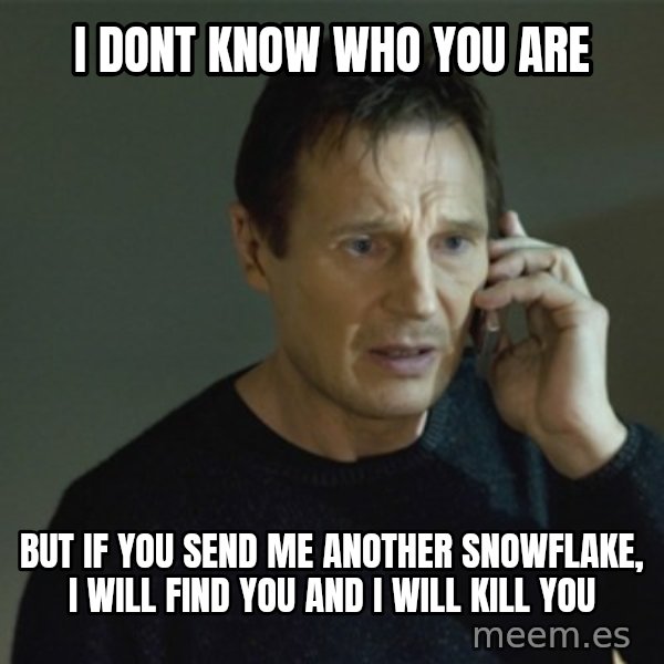 I don't know who you are... meme: I DONT KNOW WHO YOU ARE / BUT IF YOU SEND ME ANOTHER SNOWFLAKE, I WILL FIND YOU AND I WILL KILL YOU
