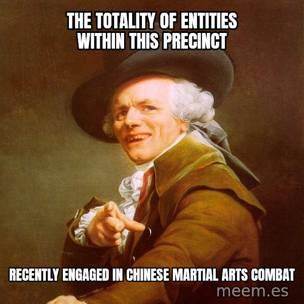 Joseph Ducreux meme: the totality of entities within this precinct / recently engaged in chinese martial arts combat