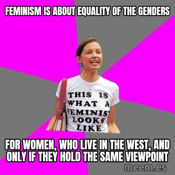 Feminist Cunt meme: feminism is about equality of the genders / for women, who live in the west, and only if they hold the same viewpoint