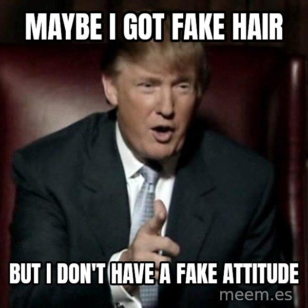 Donald Trump meme: maybe i got fake hair / but i don't have a fake attitude