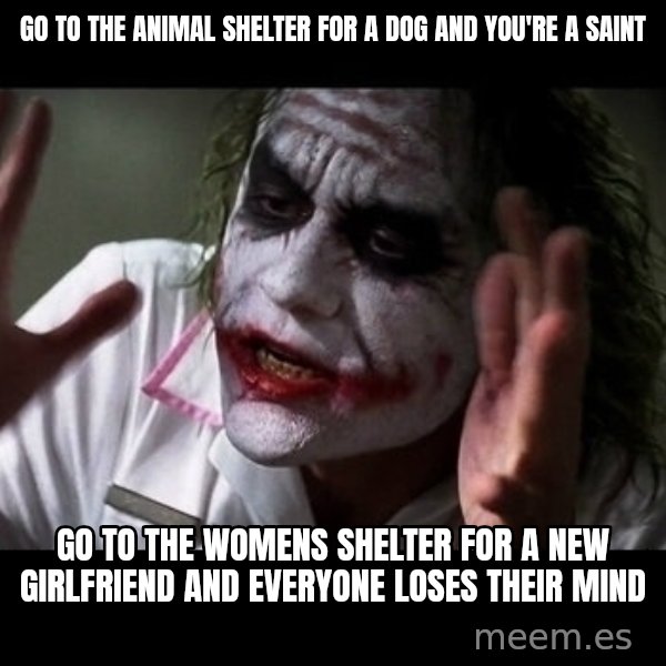 joker mind loss meme: Go to the animal shelter for a dog and you're a saint / go to the womens shelter for a new girlfriend and everyone loses their mind
