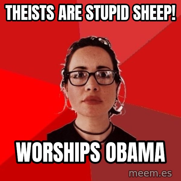 Liberal Douche Garofalo meme: theists are stupid sheep! / worships obama