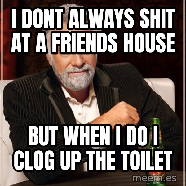 The Most Interesting Man In The World meme: I dont always shit at a friends house / But when i do i clog up the toilet