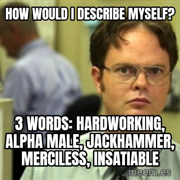 Dwight Schrute meme: how would I describe myself? / 3 words: hardworking, alpha male, jackhammer, merciless, insatiable