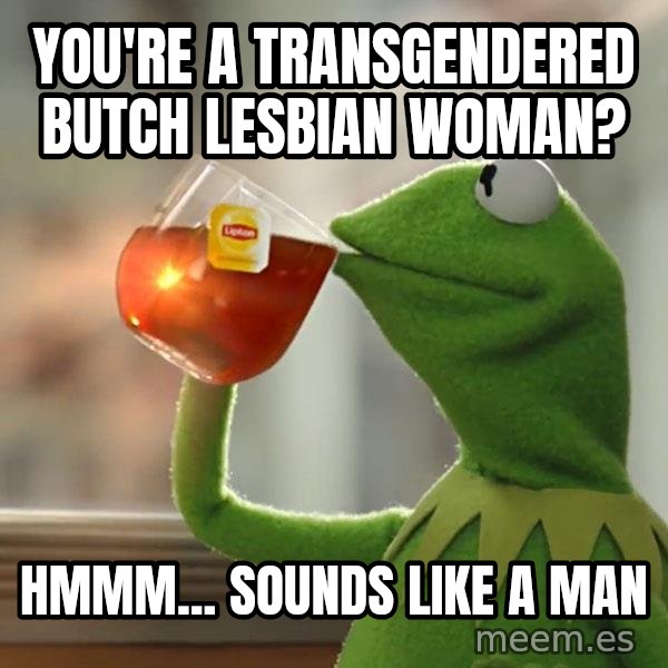 Kermit The Frog Drinking Tea meme: You're a transgendered butch lesbian woman? / hmmm... sounds like a man