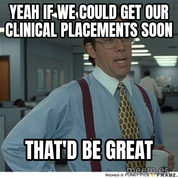 That would be great meme: yeah if we could get our clinical placements soon / that'd be great