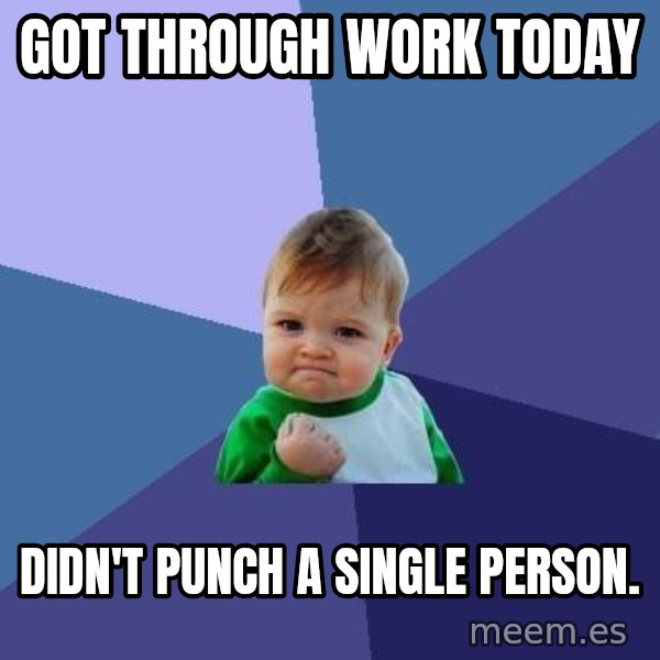 Success Kid meme: Got through work today / Didn't punch a single person.