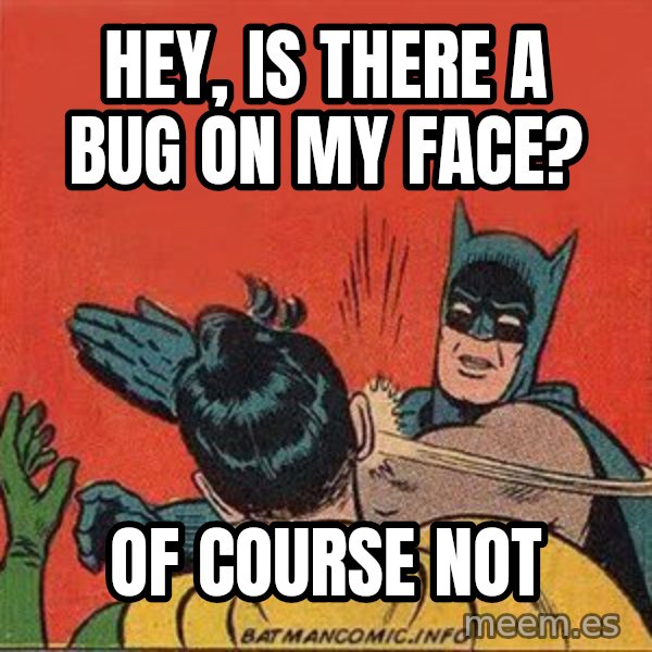 batman slap robin meme: hey, is there a bug on my face? / of course not