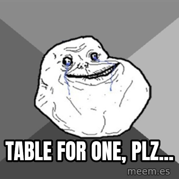 Forever Alone meme: Table for one, plz...