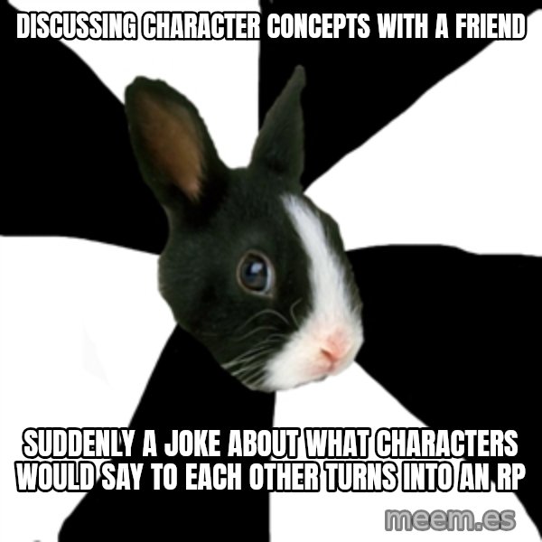 Roleplaying Rabbit meme: Discussing character concepts with a friend / suddenly a joke about what characters would say to each other turns into an RP