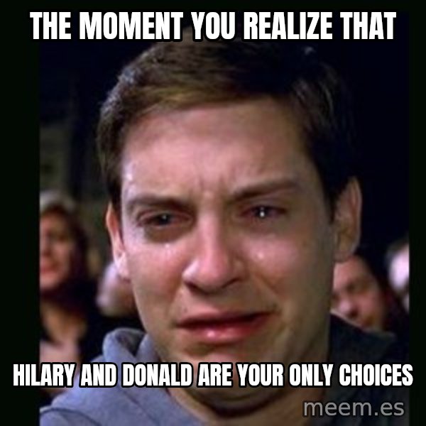 crying peter parker meme: The moment you realize that / Hilary and Donald are your only choices