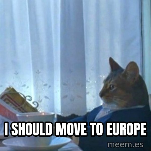 newspaper cat realization meme: I should move to Europe