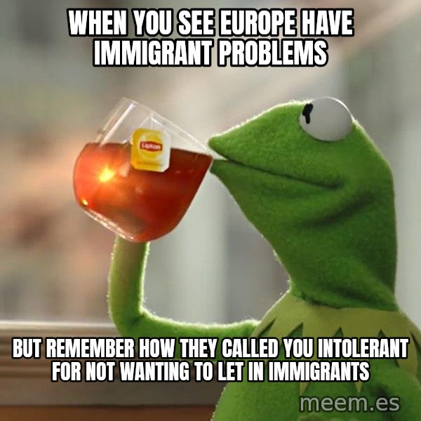 Kermit The Frog Drinking Tea meme: When you see Europe have immigrant problems / But remember how they called you intolerant for not wanting to let in immigrants