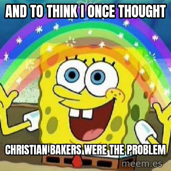 Imagination meme: and to think I once thought / christian bakers were the problem
