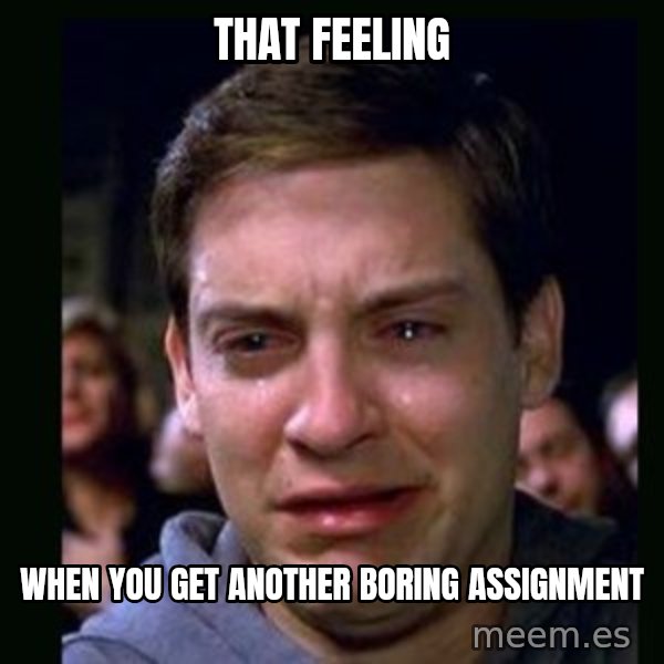 crying peter parker meme: That feeling / when you get another boring assignment