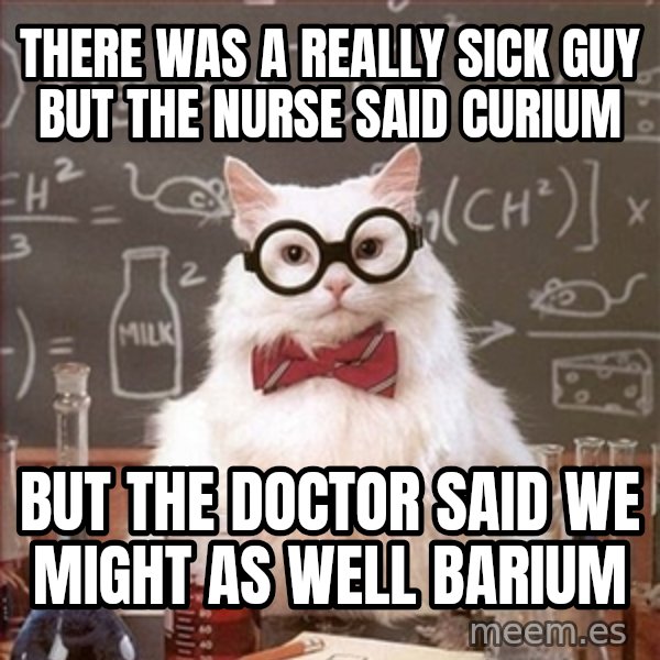 Science Cat meme: There was a really sick guy but the nurse said curium / but the doctor said we might as well barium