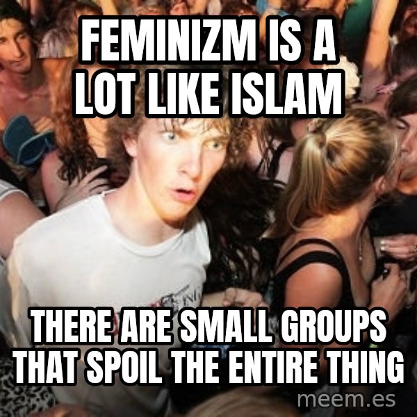 Sudden Realization Ralph meme: Feminizm is a lot like Islam / There are small groups that spoil the entire thing
