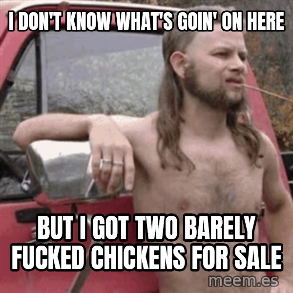 Almost Politically Correct Redneck meme: I don't know what's goin' on here / But i got two barely fucked chickens for sale