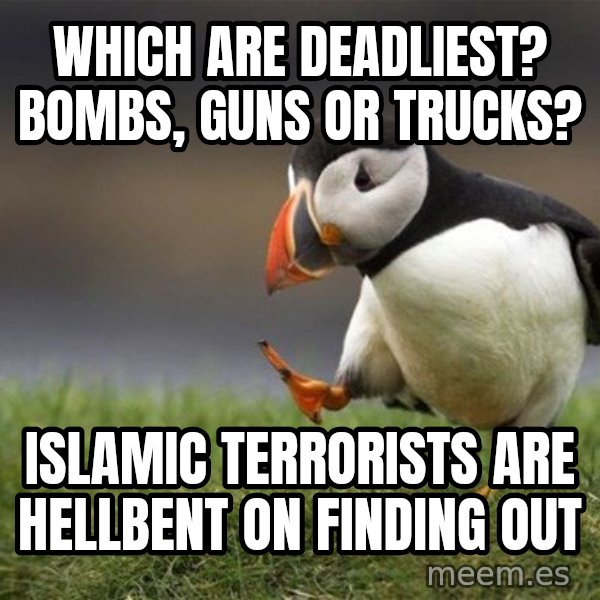 Unpopular Opinion Puffin meme: Which are deadliest? Bombs, guns or trucks? / Islamic terrorists are hellbent on finding out