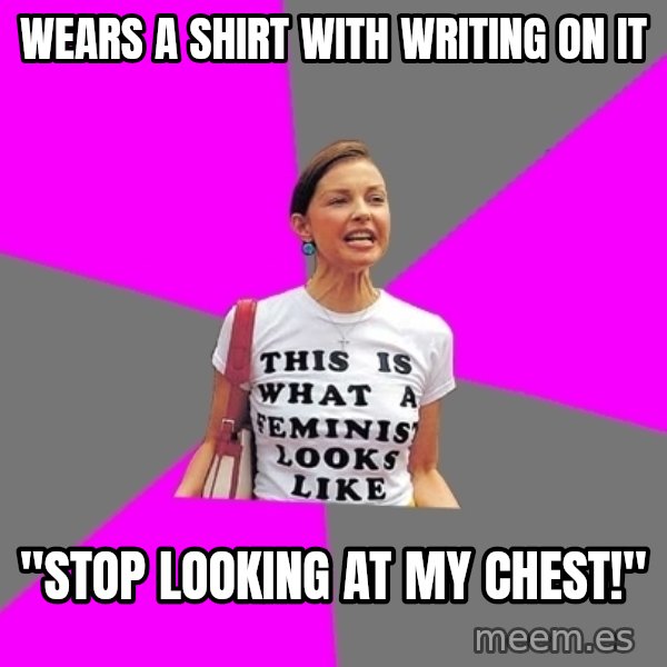 Feminist Cunt meme: wears a shirt with writing on it / "stop looking at my chest!"