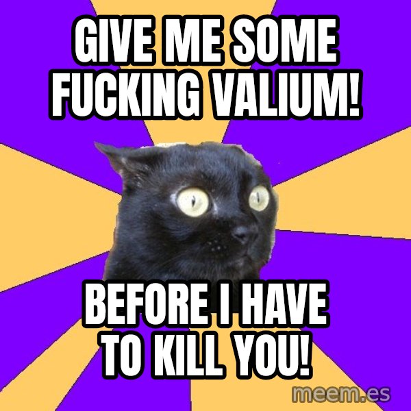 Anxiety Cat meme: give me some fucking valium! / before i have to kill you!