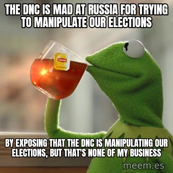 Kermit The Frog Drinking Tea meme: The DNC is mad at Russia for trying to manipulate our elections / by exposing that the DNC is manipulating our elections, but that's none of my business