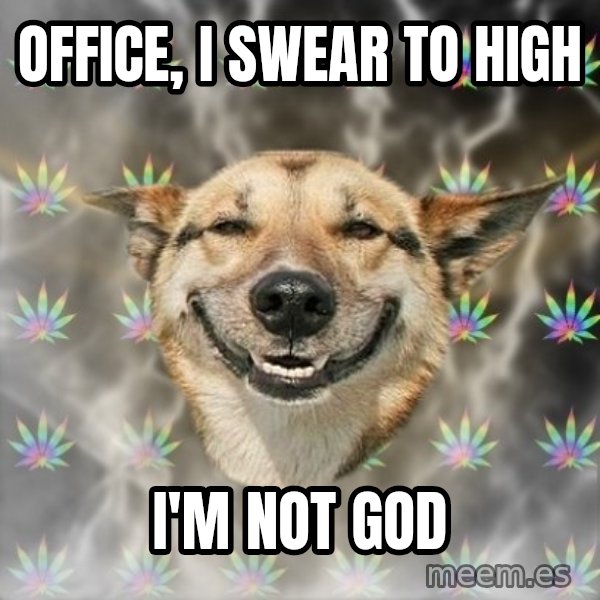 Stoner Dog meme: Office, i swear to high / i'm not god