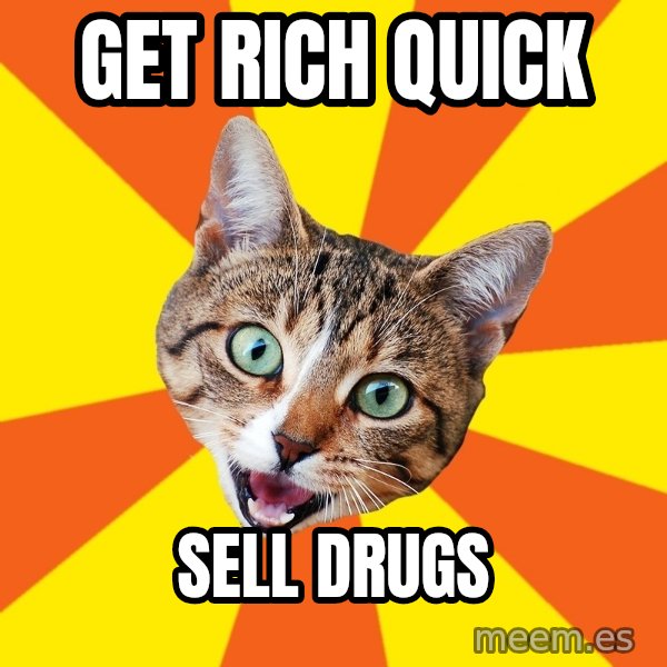 Bad Advice Cat meme: Get rich quick / sell drugs