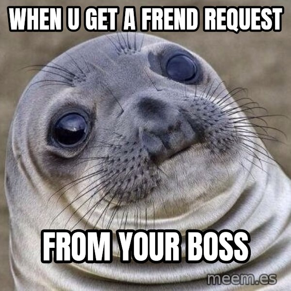Awkward Seal meme: when u get a frend request / from your boss