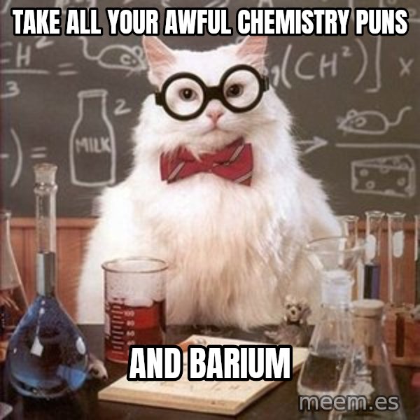 Chemistry Cat meme: TAKE ALL YOUR AWFUL CHEMISTRY PUNS / AND BARIUM