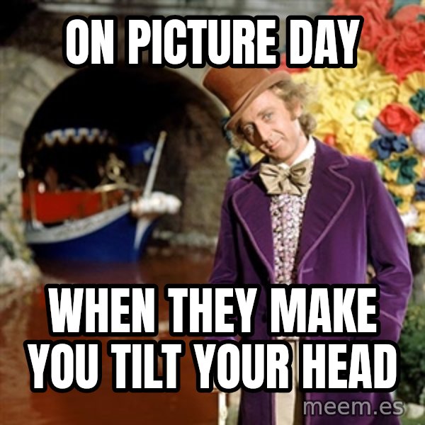 Willy Wonka meme: ON PICTURE DAY / WHEN THEY MAKE YOU TILT YOUR HEAD