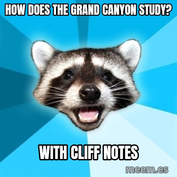 Lame Pun Coon meme: How does the Grand Canyon study? / With Cliff Notes