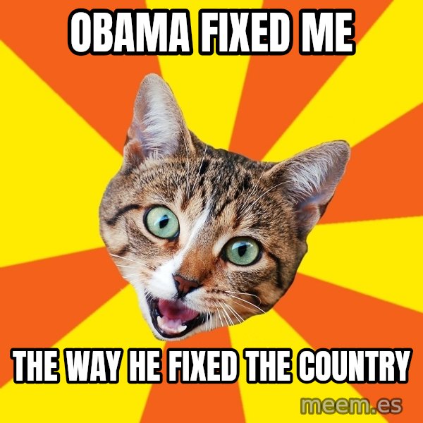 Bad Advice Cat meme: obama fixed me / the way he fixed the country