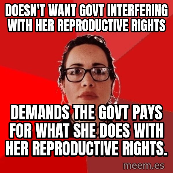 Liberal Douche Garofalo meme: Doesn't want govt interfering with her reproductive rights / Demands the govt pays for what she does with her reproductive rights.