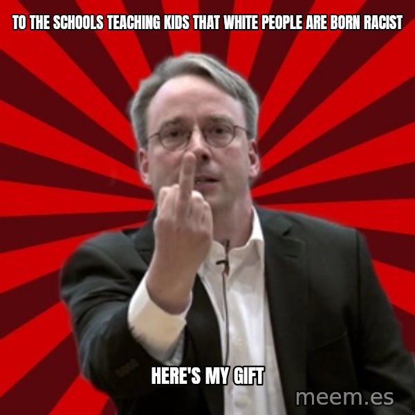 Angry Linus meme: to the schools teaching kids that white people are born racist / here's my gift