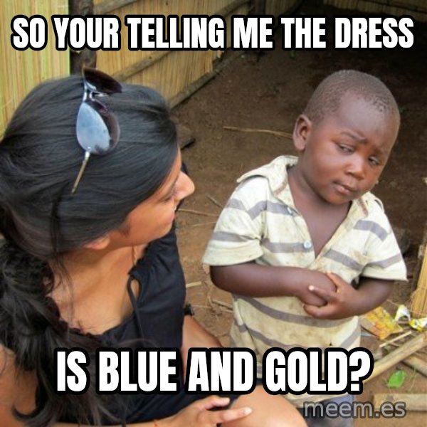 skeptical black kid meme: so your telling me the dress / is blue and gold?