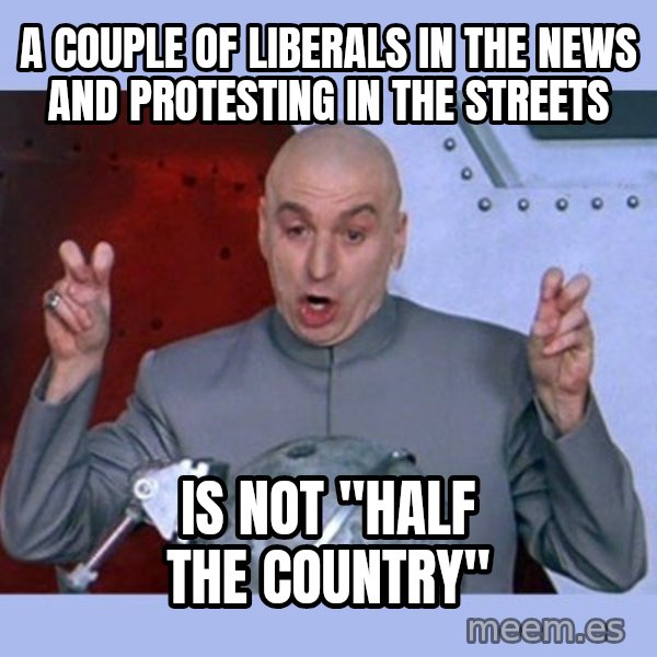 Dr Evil meme meme: A couple of liberals in the news and protesting in the streets / is not "half the country"