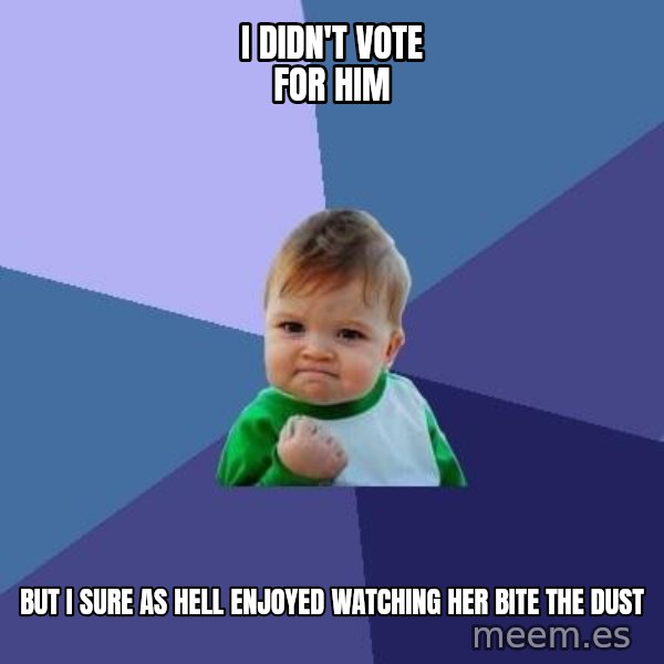 Success Kid meme: I didn't vote for him / But I sure as hell enjoyed watching her bite the dust