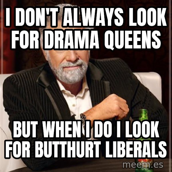 The Most Interesting Man In The World meme: i don't always look for drama queens / but when i do i look for butthurt liberals