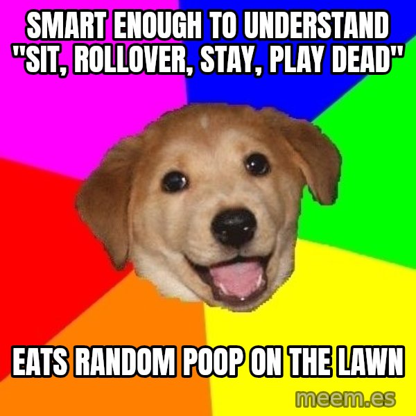 Advice Dog meme: Smart enough to understand "sit, rollover, stay, play dead" / eats random poop on the lawn