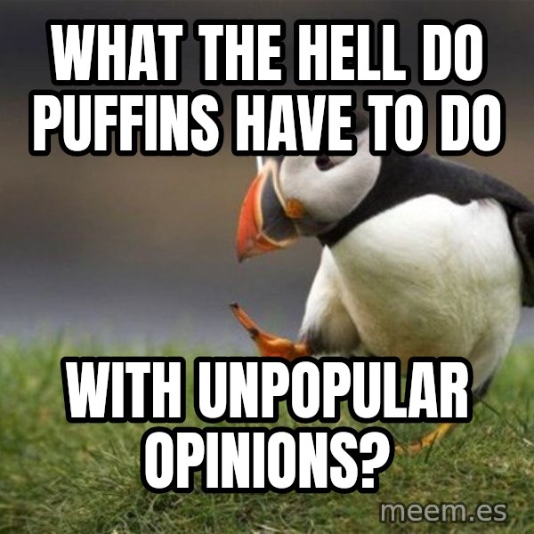 Unpopular Opinion Puffin meme: what the hell do puffins have to do / with unpopular opinions?